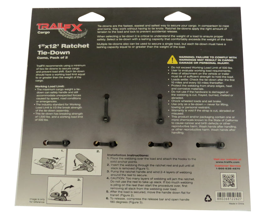 TrailFX A11013D Cargo Tie Down 12 Ft x 500 Lb Load Cap 1500 Lb Break Cap W/Ratchet Camo Pack 2 - Truck Part Superstore