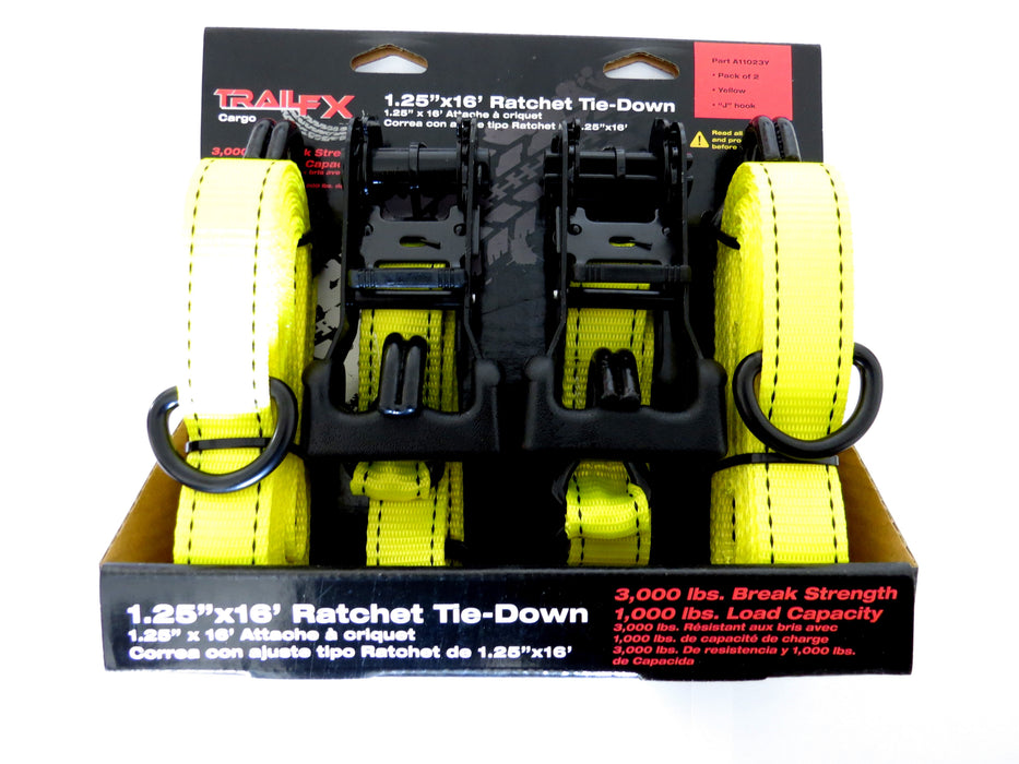 TrailFX A11023Y Cargo Tie Down 16 Ft x 1.25 1000 Lb Load 3000 Lb Break Cap W/Ratchet Yel Pack 2 - Truck Part Superstore