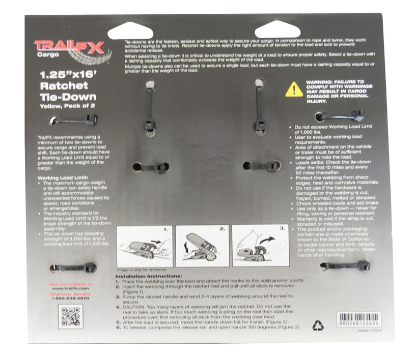 TrailFX A11023Y Cargo Tie Down 16 Ft x 1.25 1000 Lb Load 3000 Lb Break Cap W/Ratchet Yel Pack 2 - Truck Part Superstore