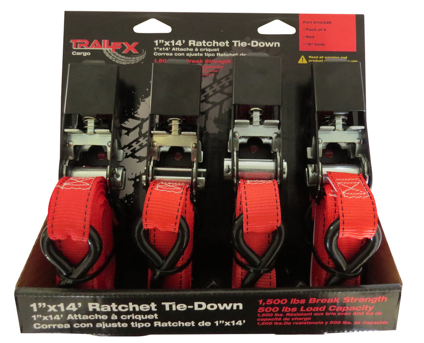 TrailFX A11033R Cargo Tie Down 14 Ft x 1 500 Lb Load 1500 Lb Break Cap W/Ratchet Red Pack 4 - Truck Part Superstore