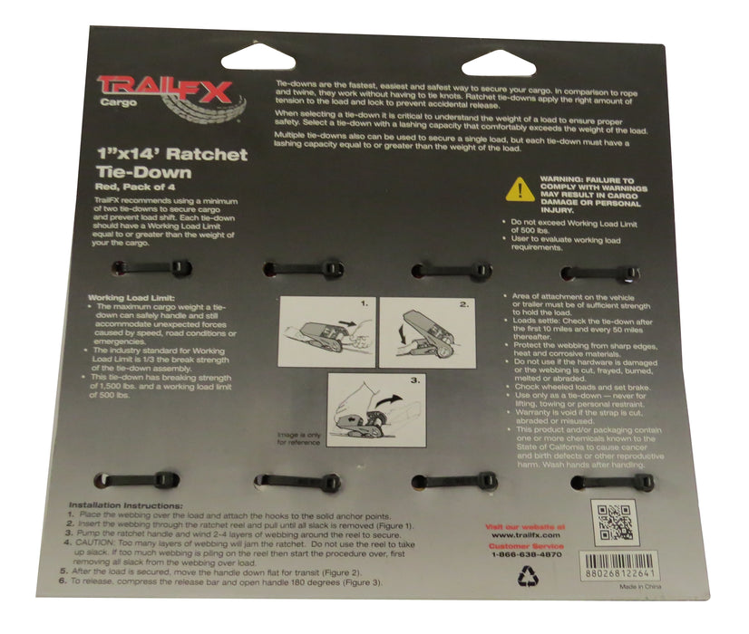 TrailFX A11033R Cargo Tie Down 14 Ft x 1 500 Lb Load 1500 Lb Break Cap W/Ratchet Red Pack 4 - Truck Part Superstore