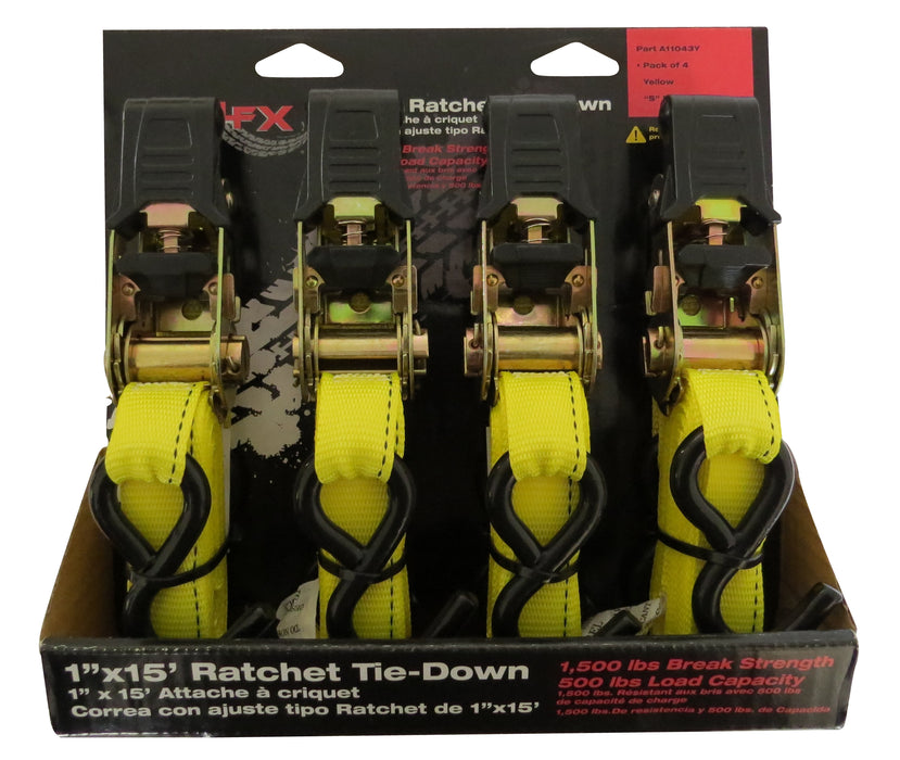 TrailFX A11043Y Cargo Tie Down 15 Ft x 1 500 Lb Load 1500 Lb Break Cap W/Ratchet Yel Pack 4 - Truck Part Superstore