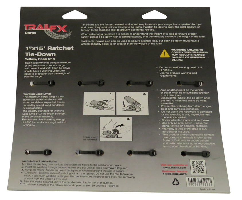 TrailFX A11043Y Cargo Tie Down 15 Ft x 1 500 Lb Load 1500 Lb Break Cap W/Ratchet Yel Pack 4 - Truck Part Superstore