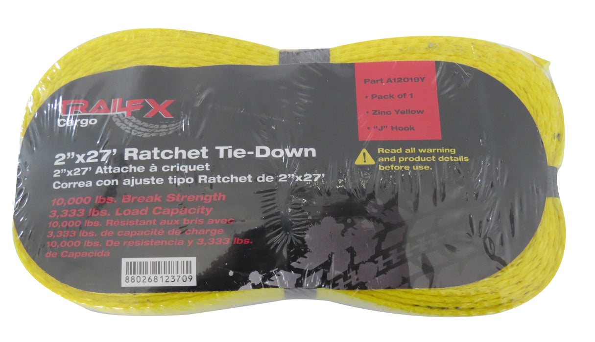 TrailFX A12019Y Cargo Tie Down 27 Ft x 2 3333 Lb Load 10K Lb Break Cap W/Ratchet Yel Sgl - Truck Part Superstore
