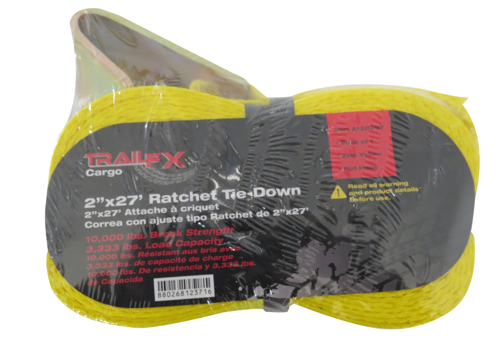 TrailFX A12029Y Cargo Tie Down 27 Ft x 2 3333 Lb Load 10K Lb Break Cap W/Ratchet Yel Sgl - Truck Part Superstore