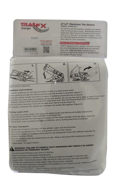 TrailFX A12041Y Cargo Tie Down 10 Ft x 2 2000 Lb Load 6000 Lb Break Cap W/Ratchet Yel Sgl - Truck Part Superstore
