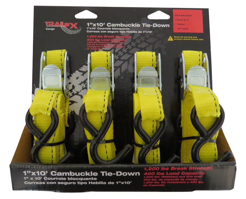 TrailFX A21023Y Cargo Tie Down 10 Ft x 1 400 Lb Load 1200 Lb Break Cap W/Cam Buckl Yellow Pk 4 - Truck Part Superstore