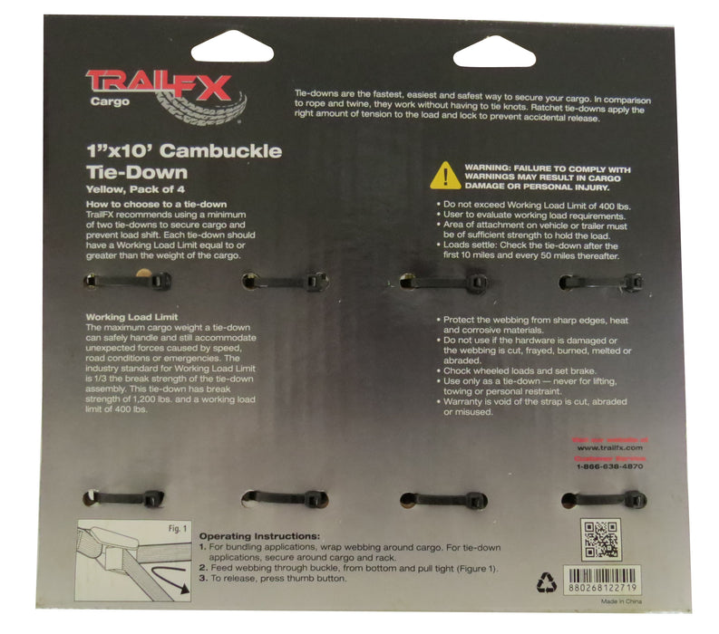 TrailFX A21023Y Cargo Tie Down 10 Ft x 1 400 Lb Load 1200 Lb Break Cap W/Cam Buckl Yellow Pk 4 - Truck Part Superstore