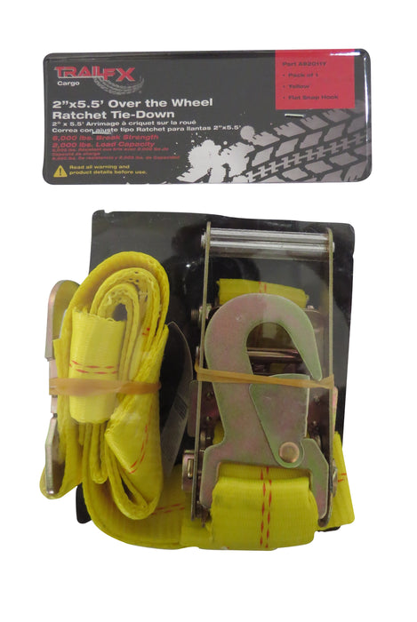 TrailFX A92011Y Over Wheel Tie Down 5.5 Ft x 2 In 2000 Lb Cap W/Ratchet Yellow Sgl - Truck Part Superstore