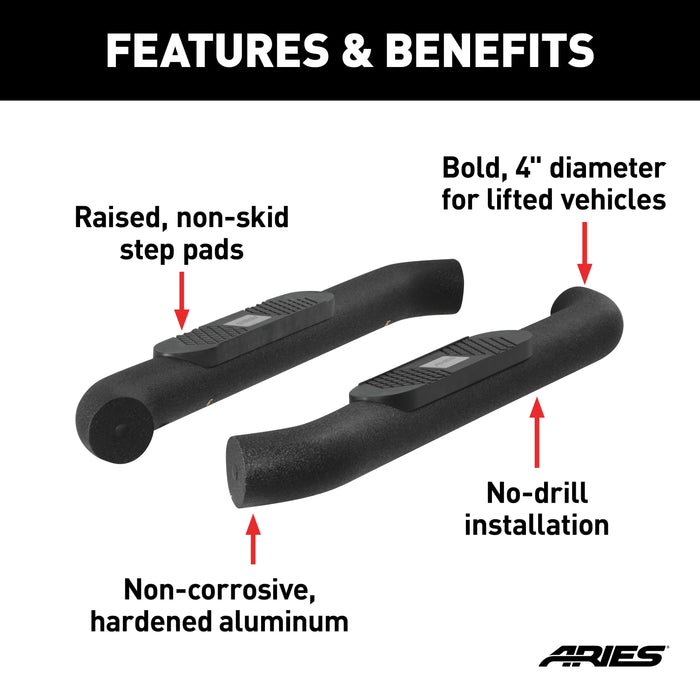 ARIES AL231008 Big Step 4in. Black Aluminum Round Side Bars; Select Jeep Wrangler JK - Truck Part Superstore