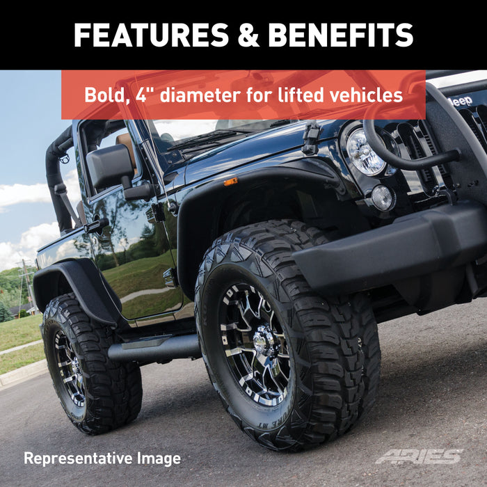 ARIES AL231008 Big Step 4in. Black Aluminum Round Side Bars; Select Jeep Wrangler JK - Truck Part Superstore