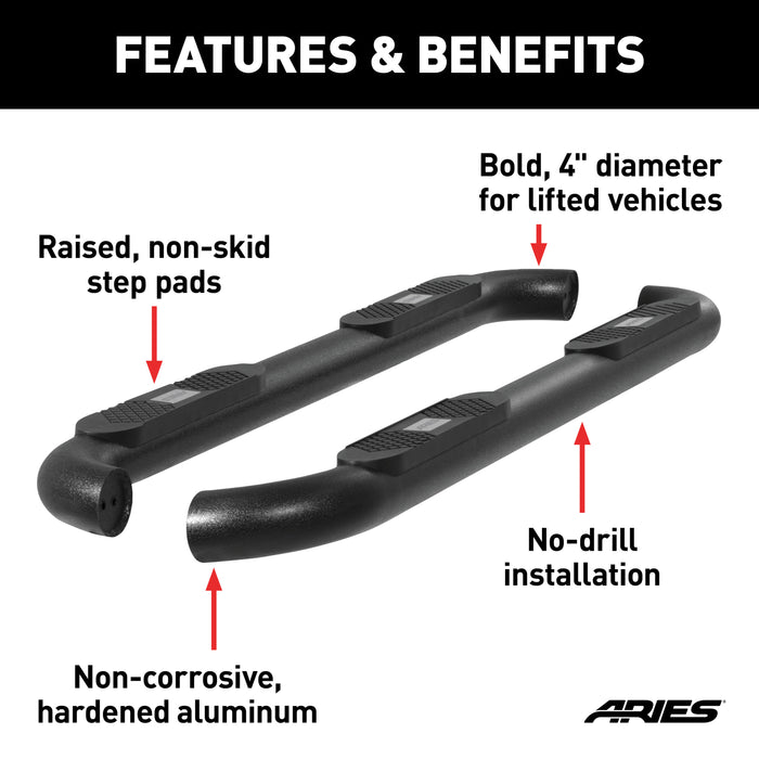 ARIES AL233043 Big Step 4in. Black Aluminum Round Side Bars; Select Ford F-150; F-250; F-350 - Truck Part Superstore