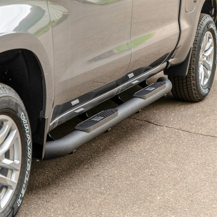 ARIES AL234053 Big Step 4in. Black Aluminum Round Side Bars; Select Silverado; Sierra Crew - Truck Part Superstore