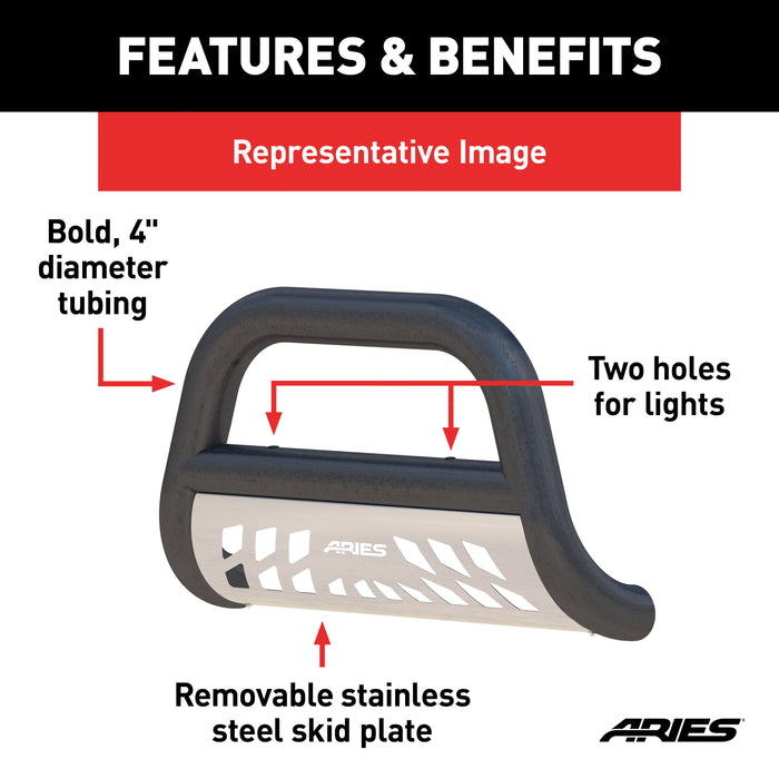 ARIES AL45-4002 Big Horn 4in. Black Aluminum Bull Bar; Select Chevrolet; GMC - Truck Part Superstore