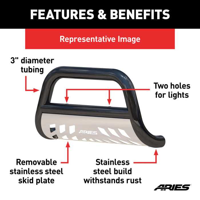 ARIES B35-5006-3 Stealth 3in. Black Stainless Bull Bar; Select Dodge; Ram 1500; 2500; 3500 - Truck Part Superstore