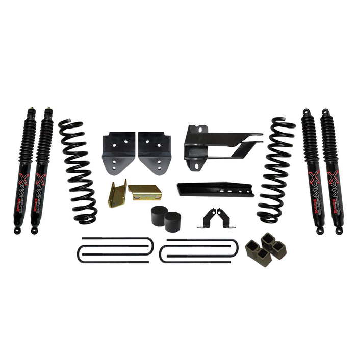 Skyjacker F17401K3-B Lift Kit 4 Inch Lift 17-19 Ford F-350 Super Duty Includes Front Coil Springs Bump Stop Spacers Relocation Brackets Rear Lift Blocks U-Bolts Black Max 8500 Shocks Skyjacker - Truck Part Superstore
