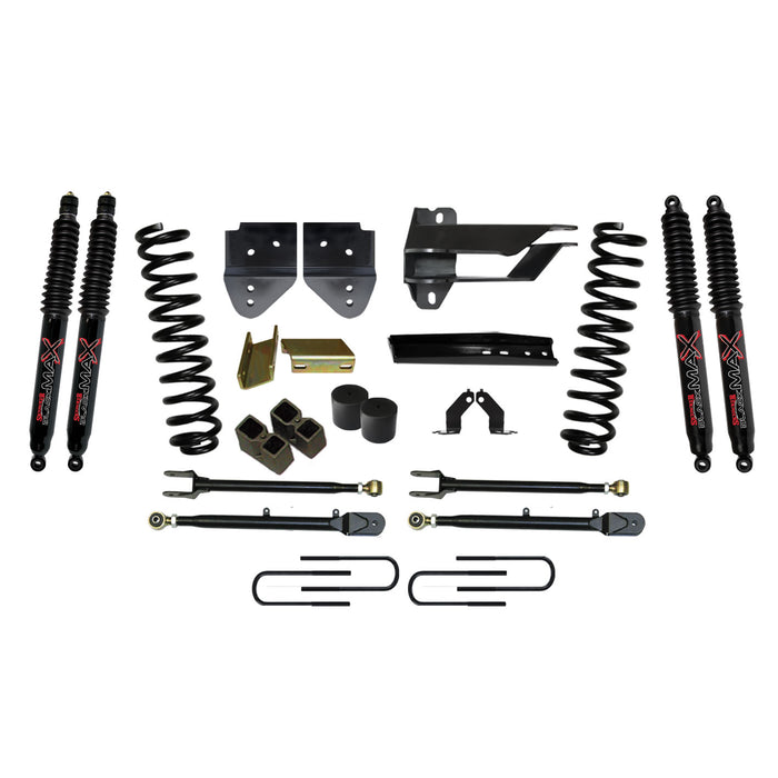 Skyjacker F174024K-B Lift Kit 4 Inch Lift w/Adjustable 4-Links 17-19 Ford F-250 Super Duty Includes Front Coil Springs U-Bolts Bump Stop Spacers Radius Arms Lowering Brackets Black Max Nitro 8500 Shocks Skyjacker - Truck Part Superstore