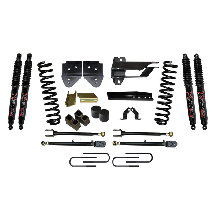 Skyjacker F174524K-B Suspension Lift Kit w/Shock 4 Inch Lift w/Adjustable 4-Links 17-19 Ford F-250 Super Duty Incl. Front Coil Springs U-Bolts Bump Stop Spacers Radius Arms Lowering Brackets Black Max Nitro 8500 Shocks Skyjacker - Truck Part Superstore