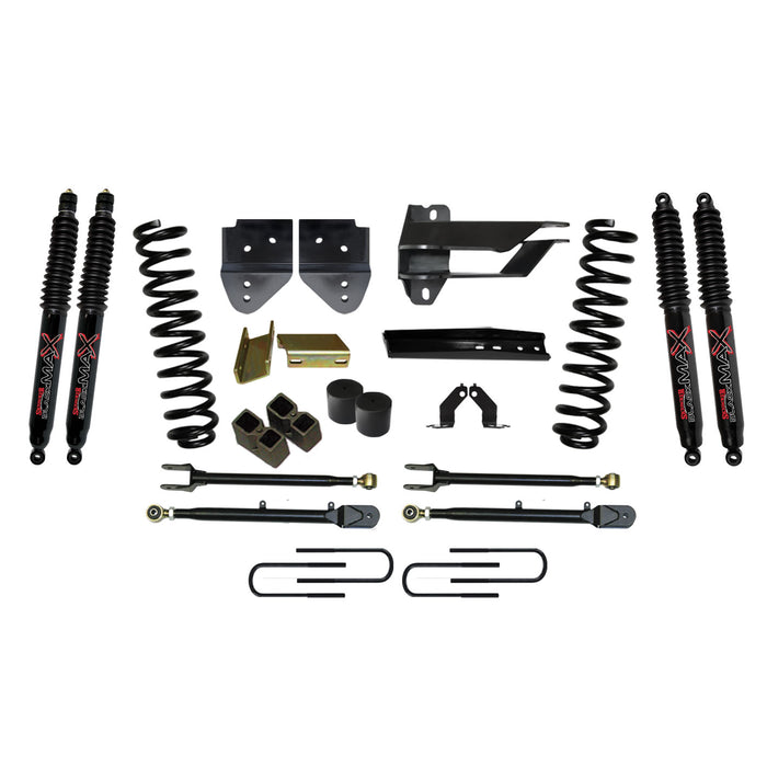 Skyjacker F174524K3-B Suspension Lift Kit w/Shock 4 Inch Lift w/Adjustable 4-Links 17-19 Ford F-350 Super Duty Incl. Front Coil Springs U-Bolts Bump Stop Spacers Radius Arms Lowering Brackets Black Max Nitro 8500 Shocks Skyjacker - Truck Part Superstore