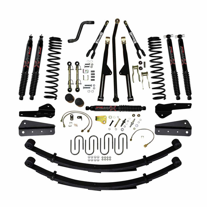Skyjacker JC4258KSBLT 4.5 In Lift 84-01 Cherokee XJ W/Front DR/LT Coil Springs Pitman Arm Bump Stop Spacers Lower and Upper Adjust Control Arms Front Sway Bar End Links Adjust Track Bar Brakelines Shackles U-bolts Rear Leaf Springs Black Max Shocks S - Truck Part Superstore