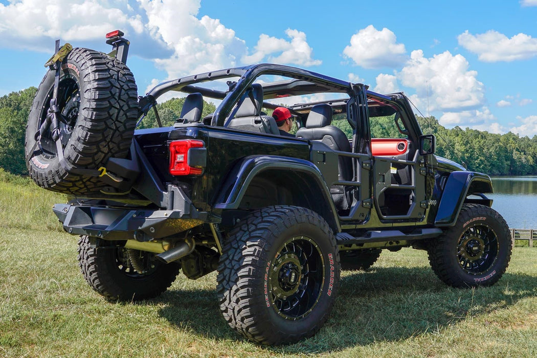 Fab Fours JL2070-1 Spare Tire Carrier; 2 Stage Black Powder Coated; Slant Back Tire Carrier; - Truck Part Superstore