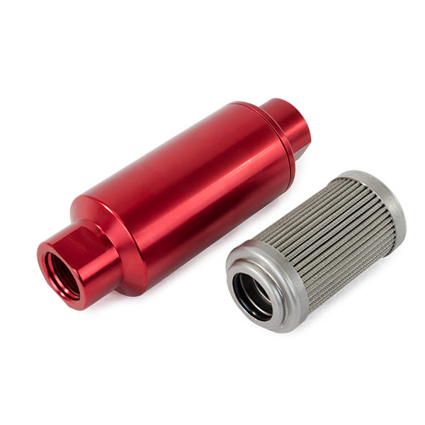 Top Street Performance JM1023R 100 Micron Stainless Steel Fuel Filter with Red Aluminum Housing - Truck Part Superstore