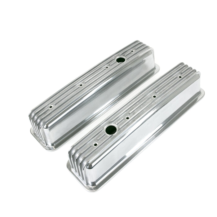 Top Street Performance JM8501-6 Valve Covers; Cast Alum.; Finned; Long Bolt with Holes; SBC Cen.; Polished - Truck Part Superstore