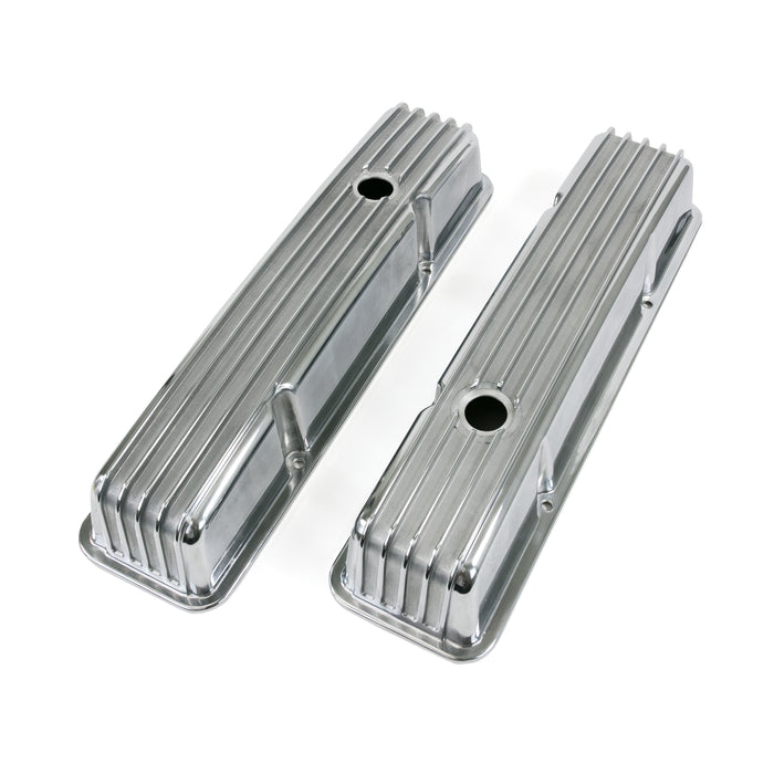 Top Street Performance JM8501-8 Valve Covers; Cast Alum.; Finned; Long Bolt with Holes; SBC Perim.; Polished - Truck Part Superstore
