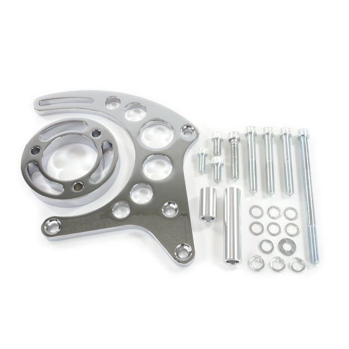 Top Street Performance JM9121C Alternator 10SI Bracket; Aluminum SBC High-mount Long Water Pump; Chrome - Truck Part Superstore