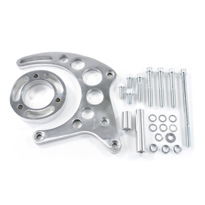 Top Street Performance JM9121P Alternator 10SI Bracket; Aluminum SBC High-mount Long Water Pump; Polished - Truck Part Superstore