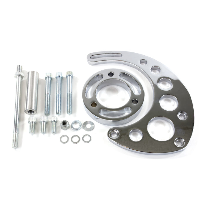 Top Street Performance JM9123C Alternator 10SI Bracket; Aluminum BBC High-mount Long Water Pump; Chrome - Truck Part Superstore