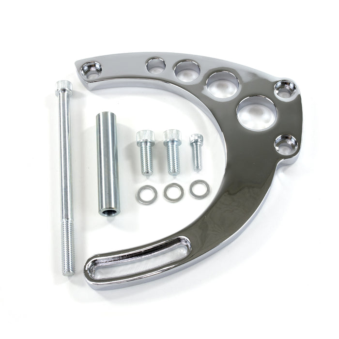 Top Street Performance JM9133C Alternator 10SI Bracket; Aluminum BBC Mid-mount Long Water Pump; Chrome - Truck Part Superstore