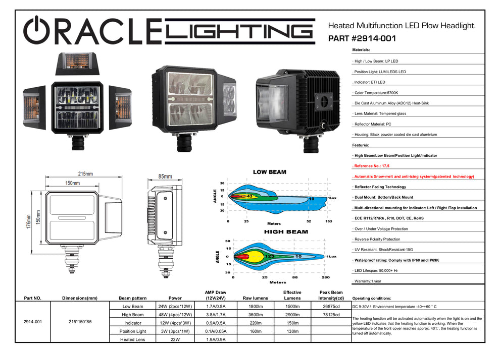 Oracle Lighting 2914-001 ORACLE Lighting Multifunction LED Plow Headlight with Heated Lens - Truck Part Superstore