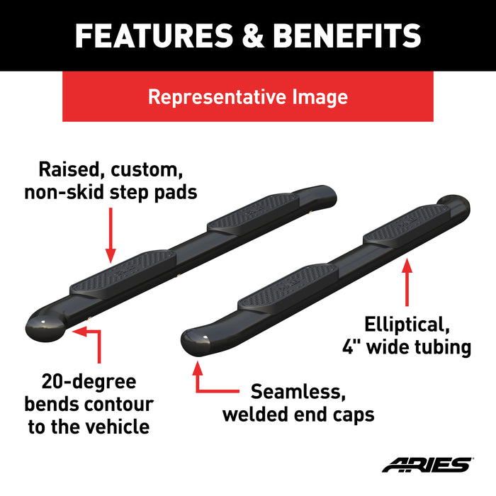 ARIES S223044 4in. Black Steel Oval Side Bars; Select Ford F-150; F-250; F-350; F-450; F-550 - Truck Part Superstore