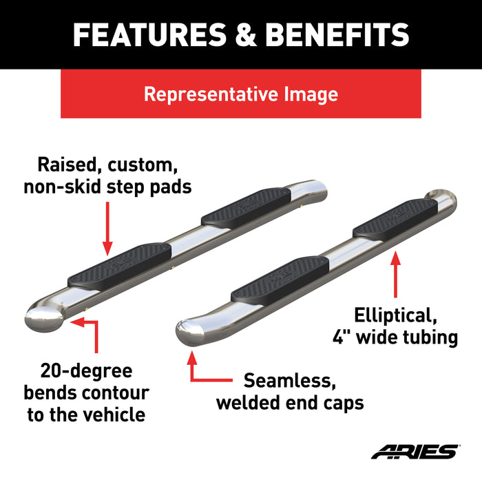 ARIES S225008-2 4in. Polished Stainless Oval Side Bars; Select Dodge Ram 1500; 2500; 3500 - Truck Part Superstore