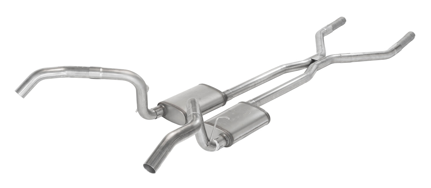 Pypes Performance Exhaust SGF44S Crossmember Back w/H-Pipe Exhaust System 67-69 Split Rear Dual Exit 3 in Intermediate And Tail Pipe Street Pro Mufflers/Hardware Incl Tip Not Incl Natural 409 Stainless Steel Pypes Exhaust - Truck Part Superstore