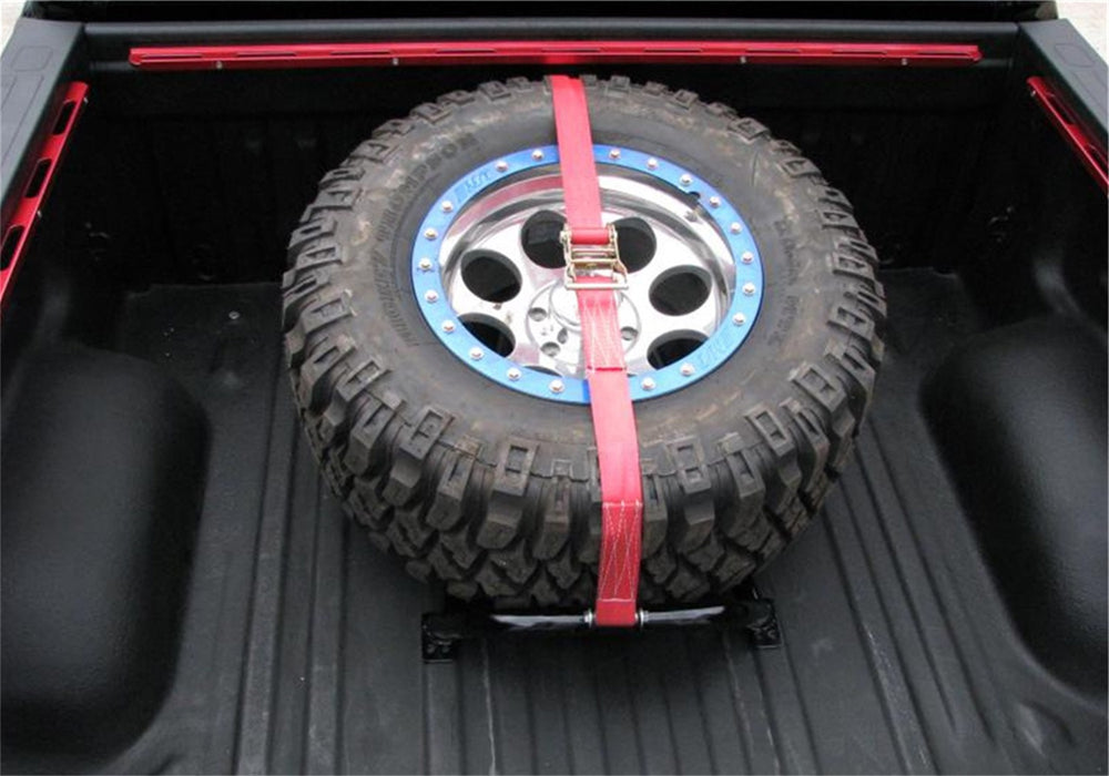 N-Fab BM1TCRD Gloss Black Bed Mounted Tire Carrier with Red Strap - Truck Part Superstore