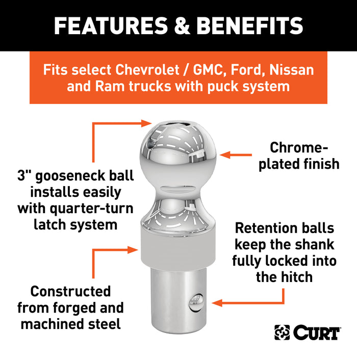 CURT 60628 OEM Puck System 3in. Gooseneck Ball; Chevrolet; Ford; GMC; Nissan; Ram (30K) - Truck Part Superstore