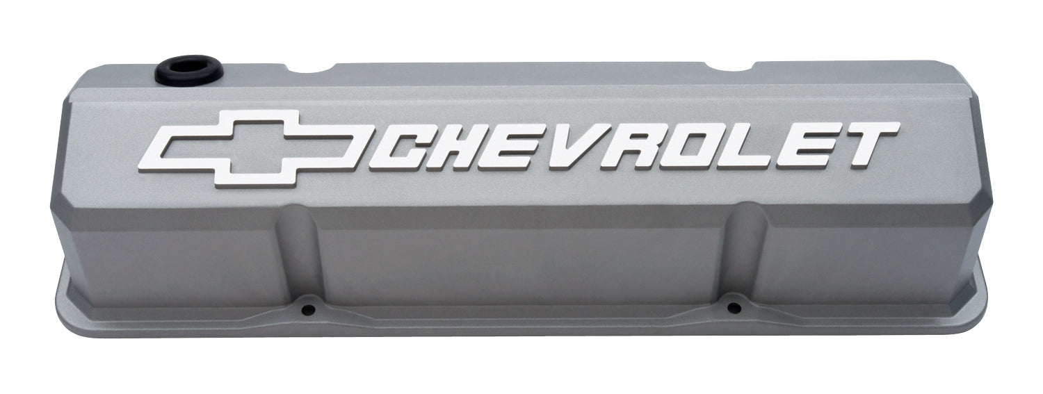Proform 141-925 Valve Covers; Slant-Edge Tall; Die Cast; Gray w/Raised Bowtie Logo; For SB Chevy - Truck Part Superstore