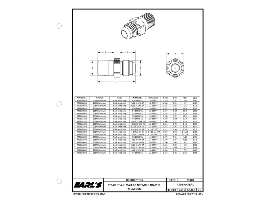 Earl's Performance AT981646ERL Straight Aluminum AN to NPT Adapter - Truck Part Superstore