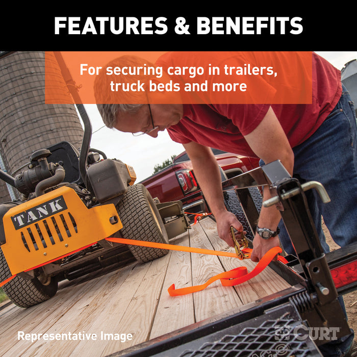 CURT 83026 16ft. Orange Cargo Straps with J-Hooks (1;100 lbs; 2-Pack) - Truck Part Superstore