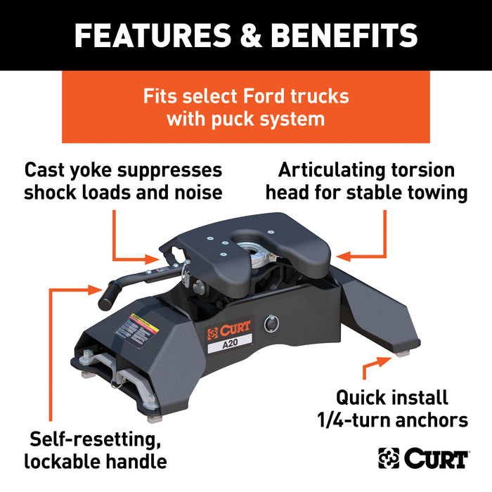 CURT 16034 A20 5th Wheel Hitch; Select Ford F-250; F-350; F-450; 8ft. Bed Puck System - Truck Part Superstore
