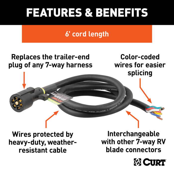 CURT 56601 Replacement 7-Way RV Blade with 6ft. Wires (Trailer Side) - Truck Part Superstore