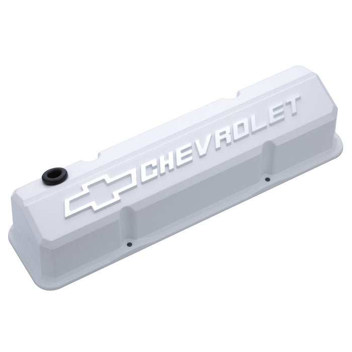 Proform 141-935 Valve Covers; Slant-Edge Tall; Die Cast; White w/ Raised Bowtie Logo; SB Chevy - Truck Part Superstore