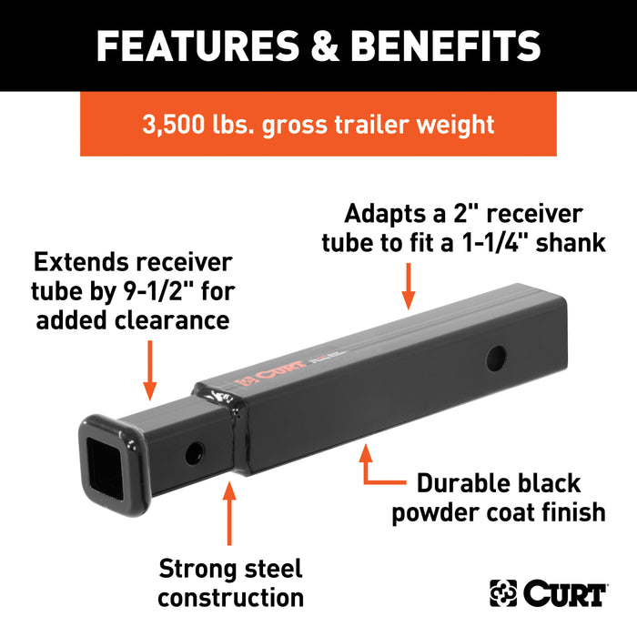 CURT 45775 Receiver Tube Adapter (2in. to 1-1/4in. Shank; 3;500 lbs. GTW; 9-1/2in. Length) - Truck Part Superstore