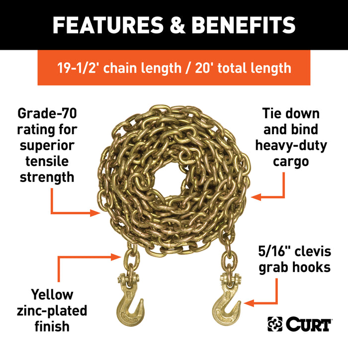 CURT 80307 20ft. Transport Binder Safety Chain with 2 Clevis Hooks (18;800 lbs; Yellow Zinc - Truck Part Superstore