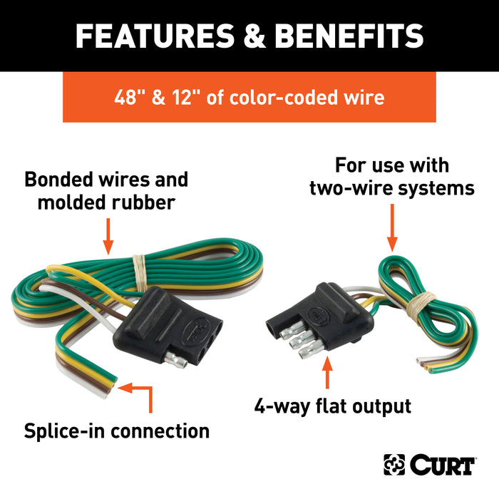 CURT 58355 4-Way Flat Connector Plug/Socket with 12in./48in. Wires (Packaged) - Truck Part Superstore