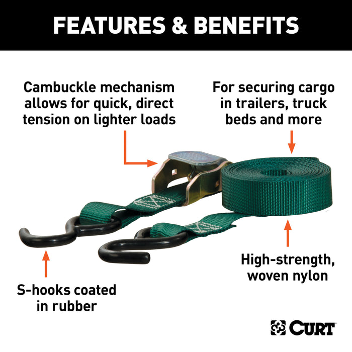 CURT 83015 15ft. Dark Green Cargo Straps with S-Hooks (300 lbs; 2-Pack) - Truck Part Superstore