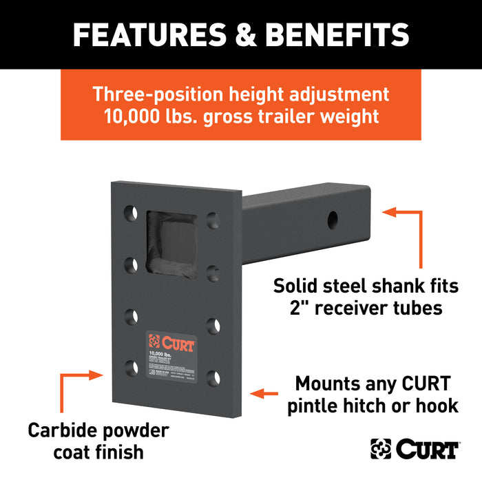 CURT 48324 Adjustable Pintle Mount (2in. Shank; 10;000 lbs.; 7in. High; 8in. Long) - Truck Part Superstore