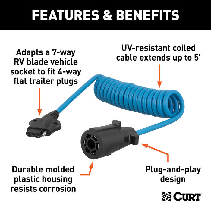 CURT 57271 5ft. Electrical Adapter Harness (7-Way RV Blade Vehicle to 4-Way Flat Trailer) - Truck Part Superstore